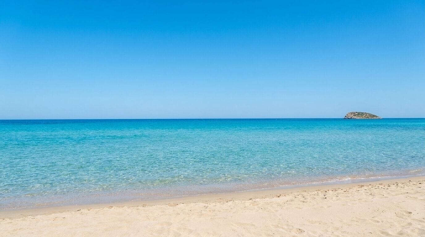 A beach with clear turquoise water and a sandy shore.