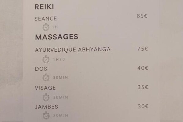 A menu listing various massage services with their durations and prices. - A beautiful, peaceful villa in the heart of the untamed Camargue (Arles)