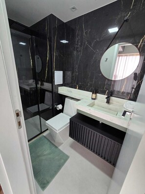 Hair dryer, towels, soap, toilet paper