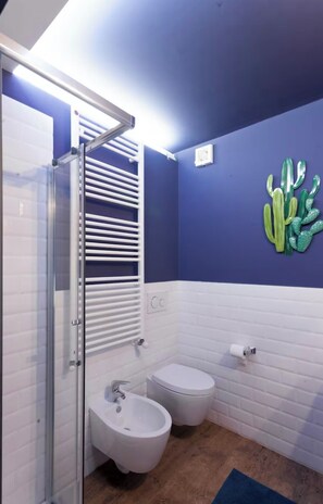 Shower, hair dryer, bidet, towels