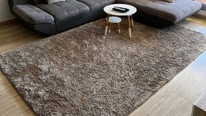 Un salon moderne avec un canapé d’angle, une petite table ronde et un tapis à longues mèches.