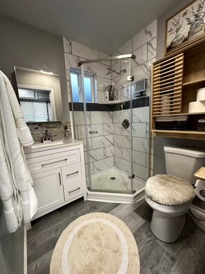 Douche, sèche-cheveux, serviettes fournies, savon