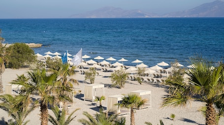 A beach with rows of sun loungers and umbrellas, palm trees, and a view of the sea and distant mountains.