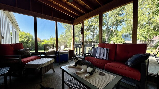 A covered outdoor seating area with a red sofa, a table, and a dog.