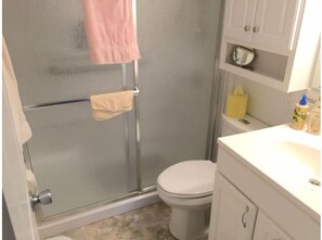 Shower, towels, soap, toilet paper