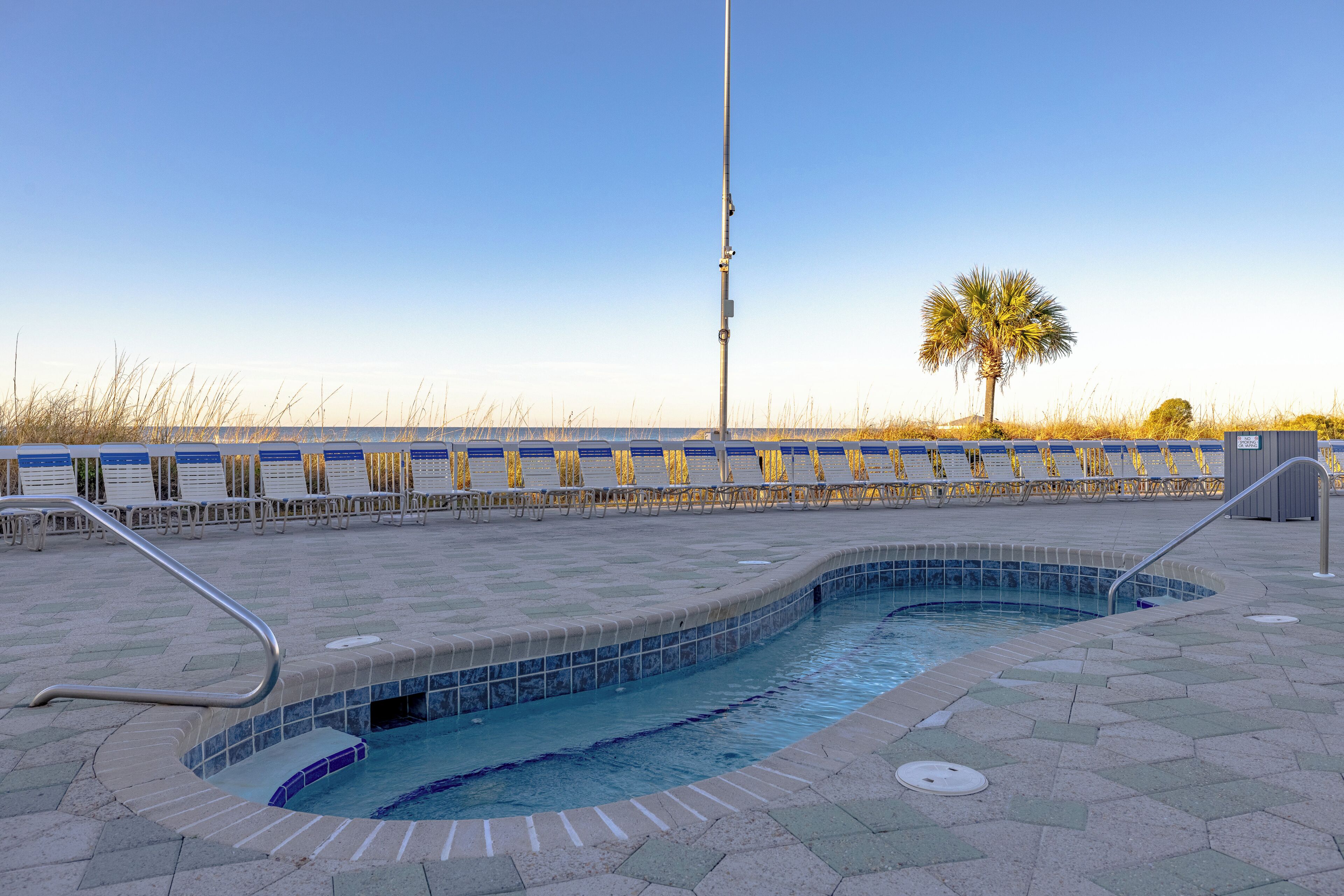 Una piscina con borde de azulejos, una palmera y una fila de sillas amarillas a lo largo de la piscina.