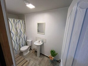 Hair dryer, towels, soap, toilet paper