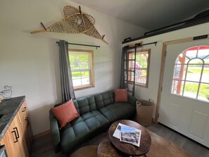 Smart TV, fireplace, table football, books