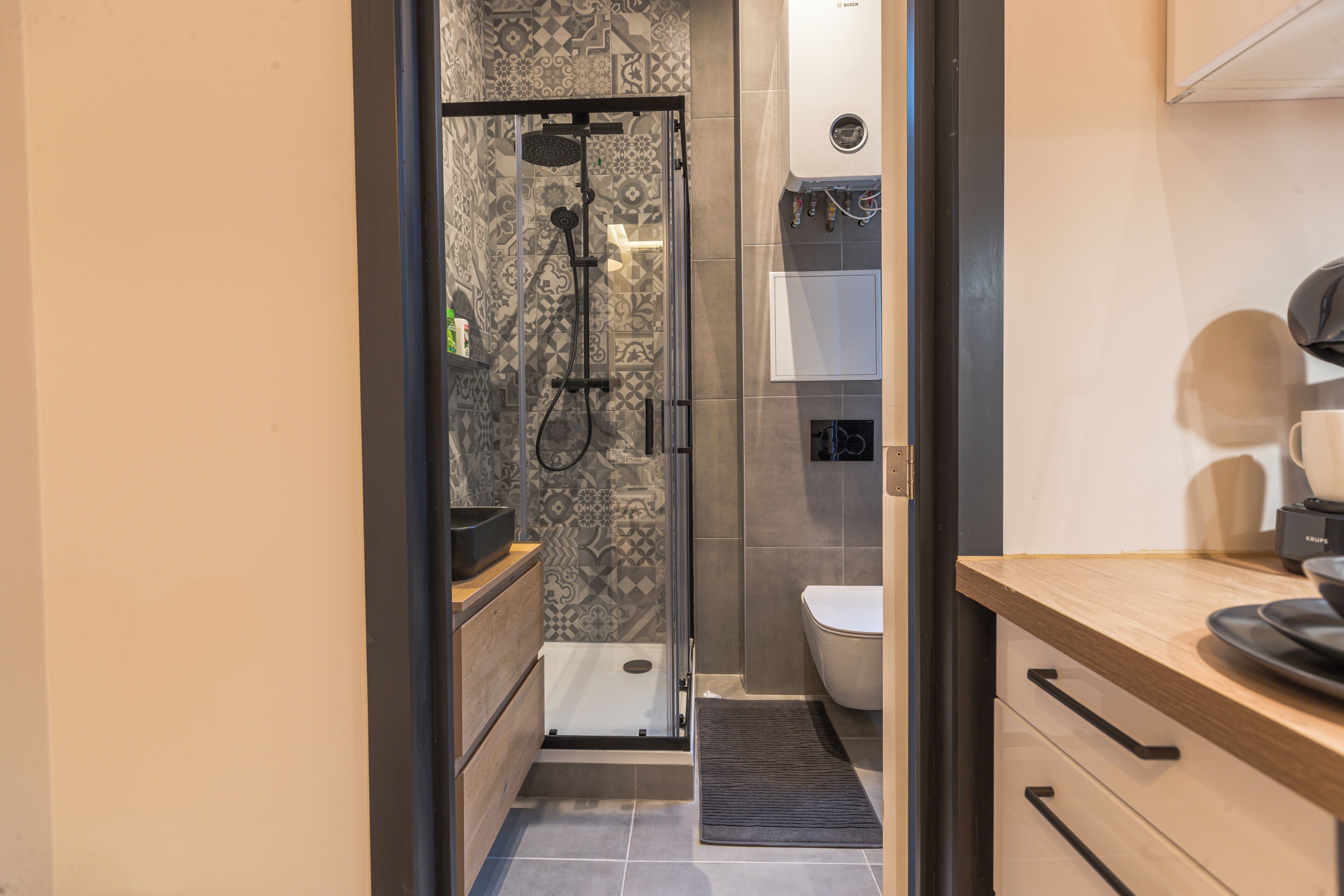 Hair dryer, towels, soap, toilet paper