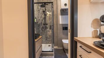 Hair dryer, towels, soap, toilet paper