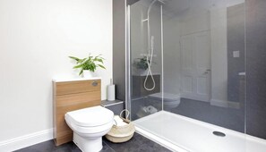 Hair dryer, towels, soap, shampoo