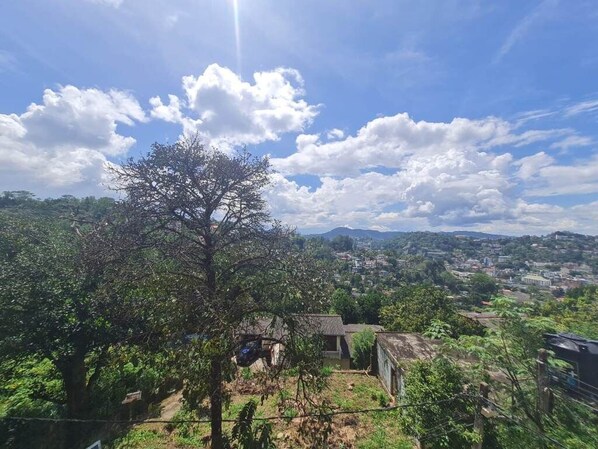 A rural landscape with a prominent tree in the foreground, a small cluster of houses, and a distant view of a town under a partly cloudy sky. - Sunny Hill Residence (Kandy)