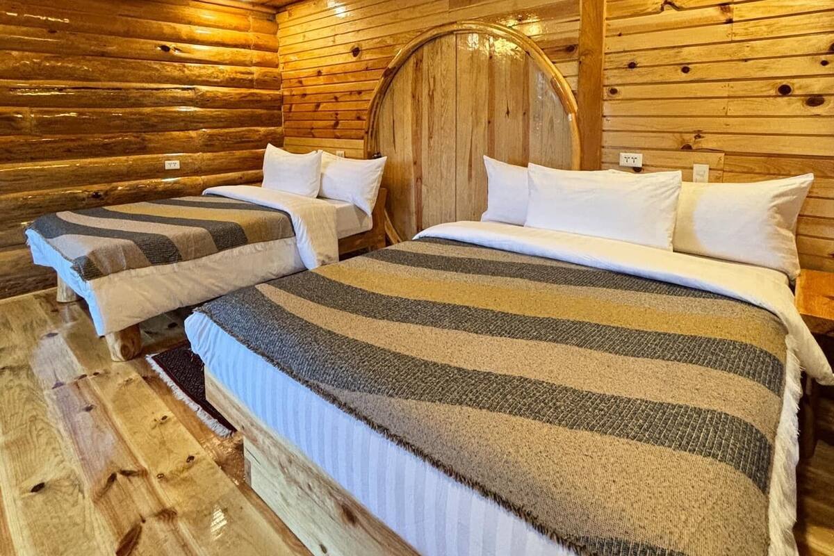 A log cabin-style room with three beds, wooden walls, and a rustic ceiling.