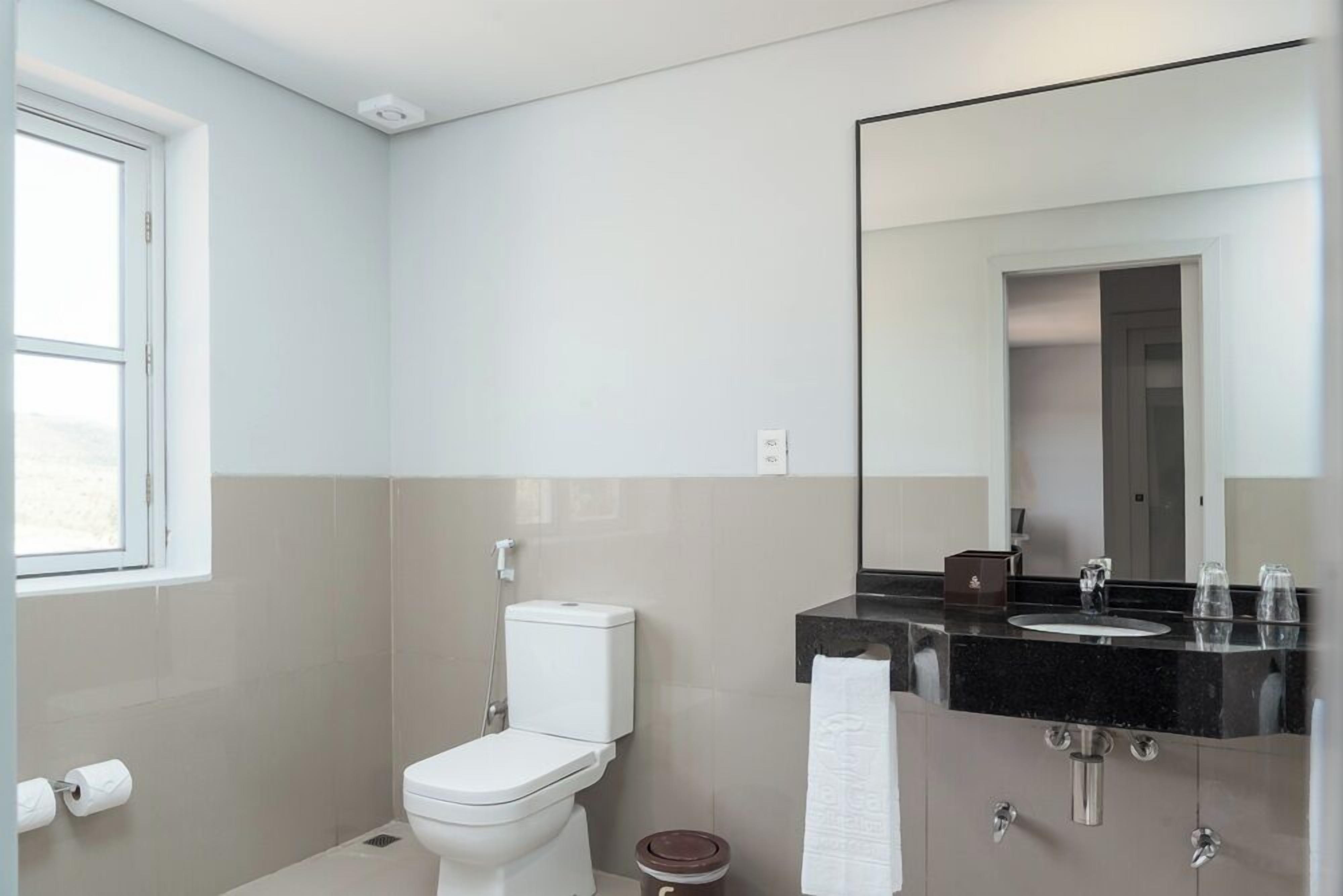 Et moderne badeværelse med toilet, vask og spejl.