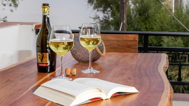 A wooden table with a bottle of Prosecco, two wine glasses, a cork, and an open book. - KALLISTI STUDIOS (Naxos)