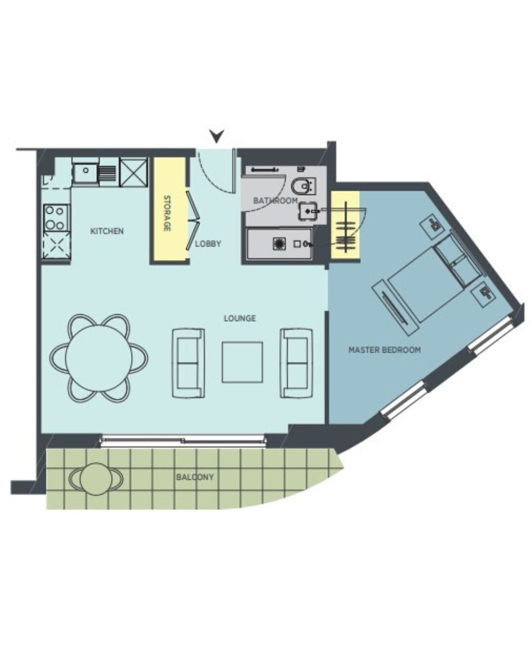 A floor plan with a kitchen, lounge, master bedroom, balcony, and storage area.