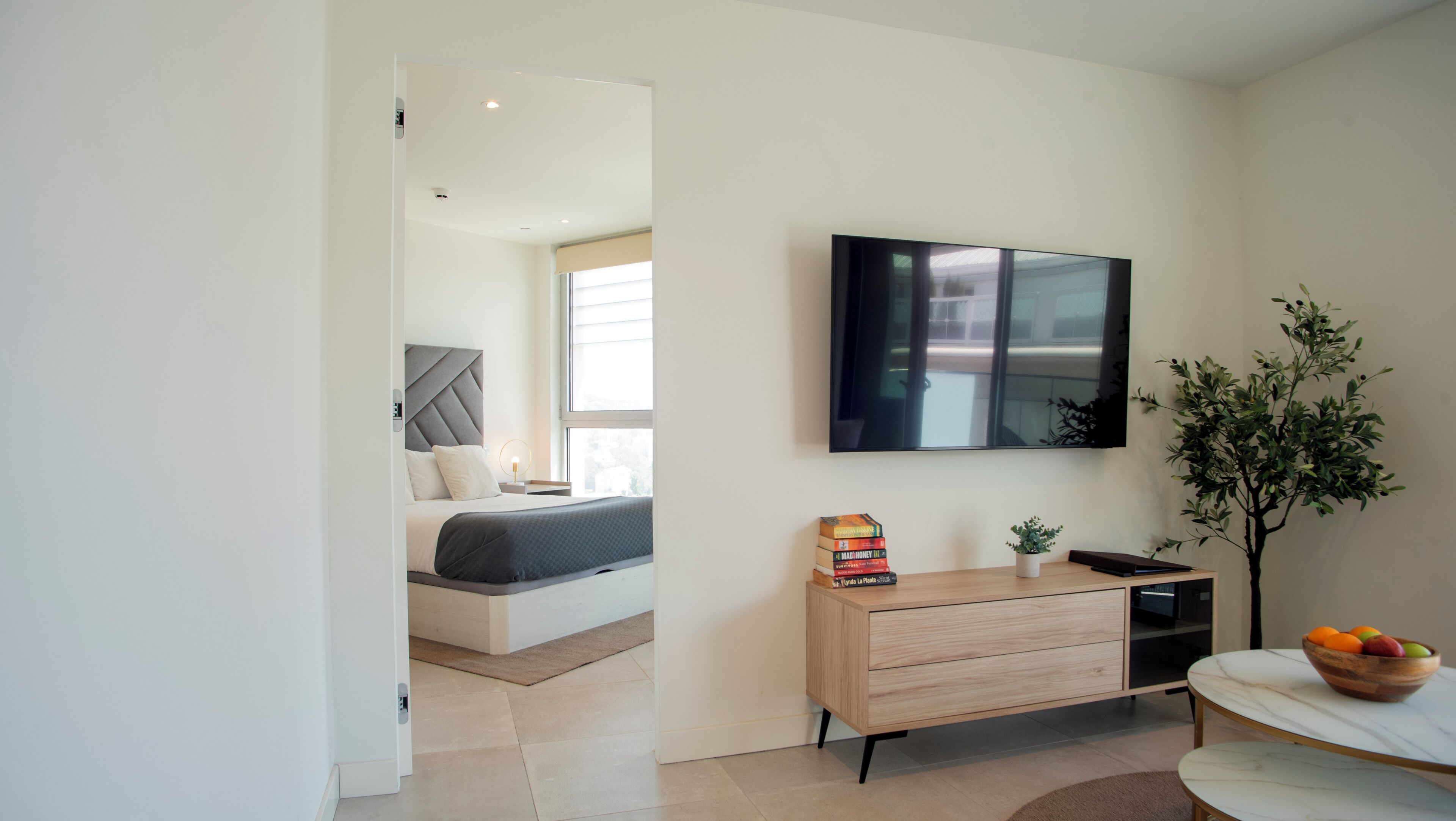 A modern bedroom with a bed, bedside table, TV, and a small plant.