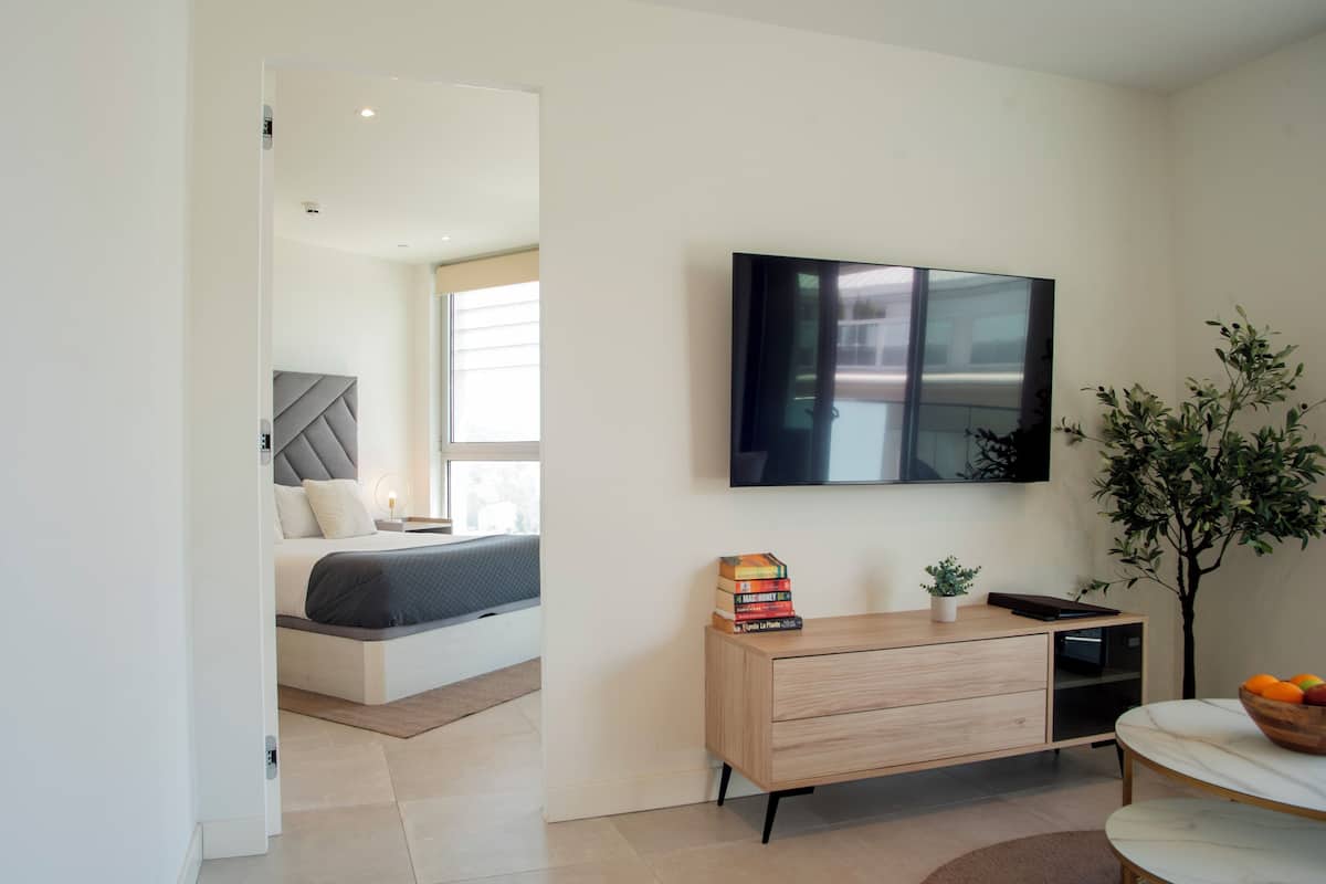 A modern bedroom with a bed, bedside table, TV, and a small plant.