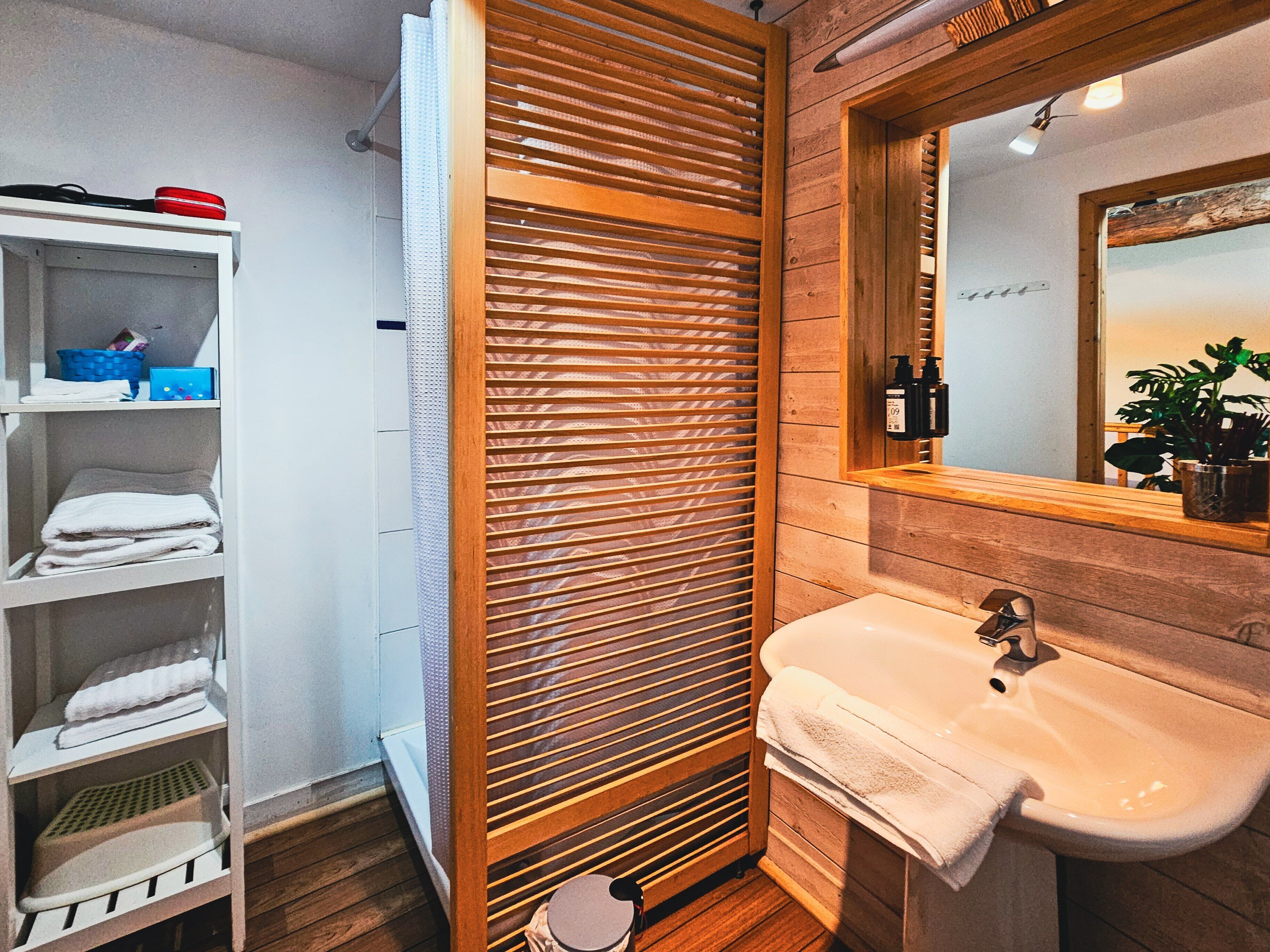 Shower, eco-friendly toiletries, hair dryer, towels