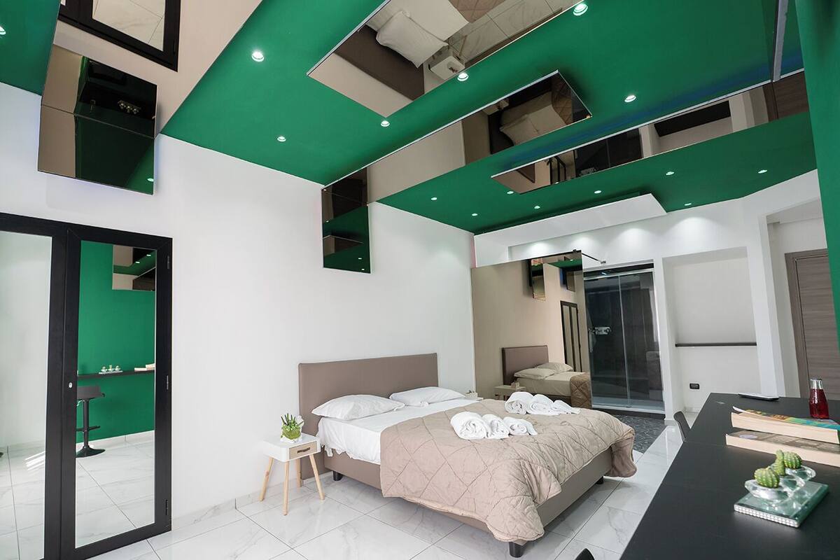 A modern hotel room with a large bed, a separate shower area, and a dining table with books and a cactus.
