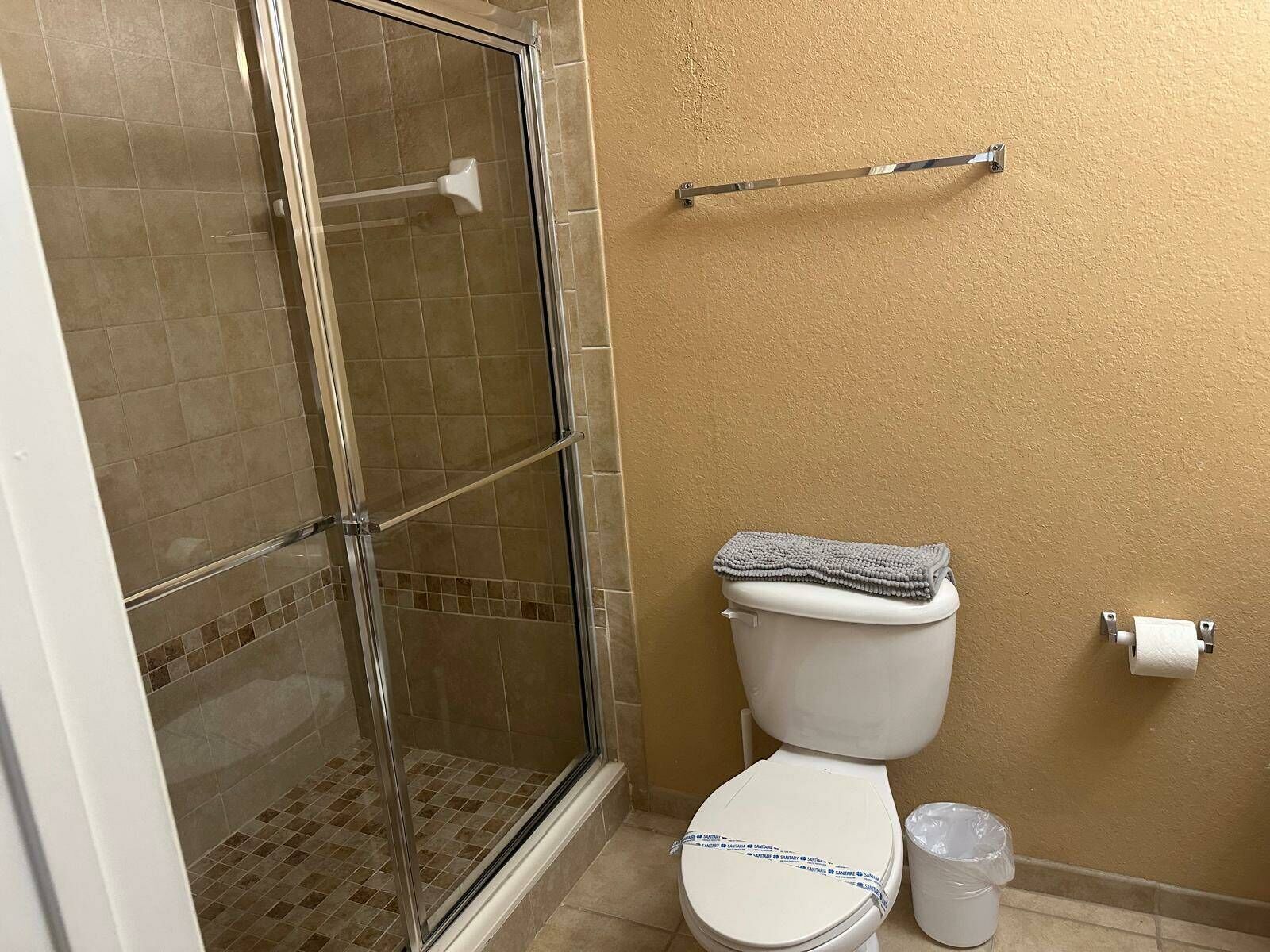 A bathroom with a glass shower enclosure, a toilet with a privacy cover, and a handrail on the wall.