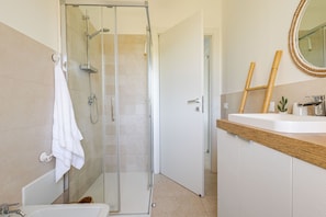 Shower, hair dryer, bidet, towels