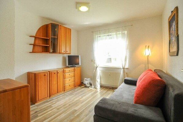 A compact living space with a sofa, a television on a wooden cabinet, and a radiator near a window with curtains. - Vacation apartment Klenk - 3 (Ostfildern)