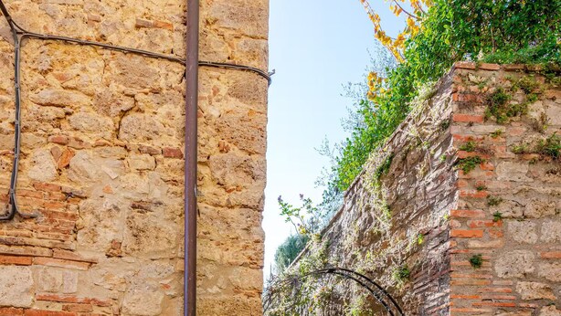 A narrow stone alleyway with a metal gate and a small window with plants.