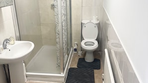 Un baño con ducha, inodoro, lavamanos y alfombras de goma negra.