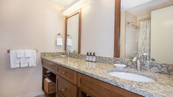 Hair dryer, towels, soap, shampoo