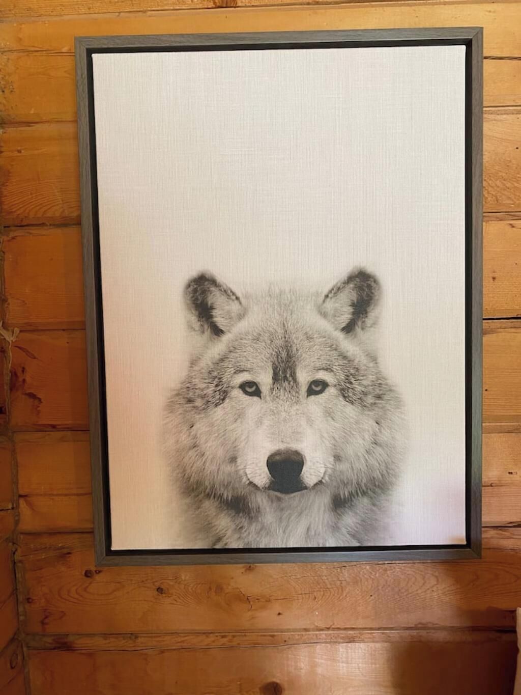 Ein gerahmtes Bild eines Wolfes an einer Holzwand.