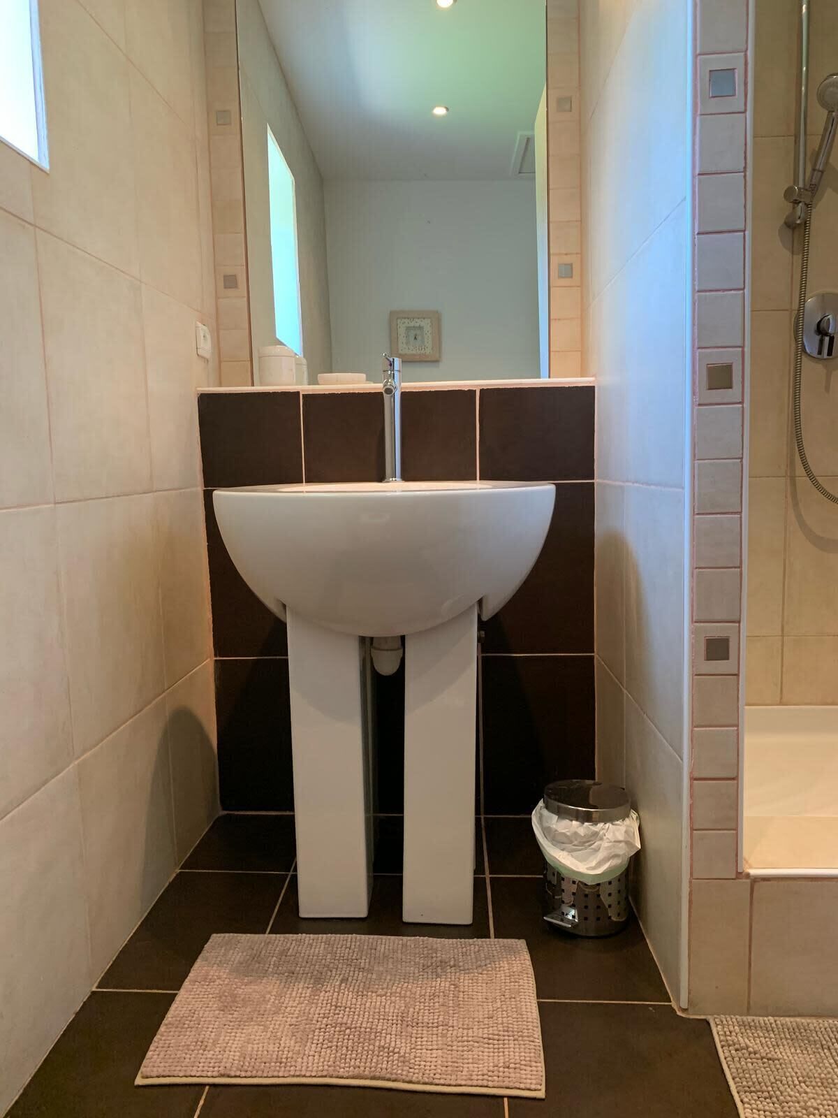 A bathroom with a large white sink, dark brown tiles, a small trash bin, and a shower area.