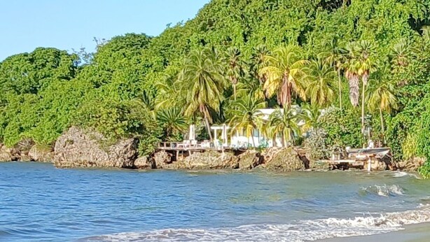 Une plage bordée d’une côte rocheuse, avec des palmiers et un bâtiment blanc doté d’un toit.