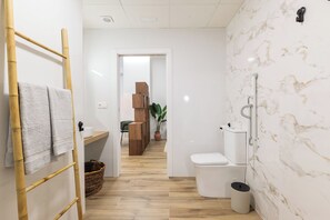 Shower, hair dryer, bidet, towels