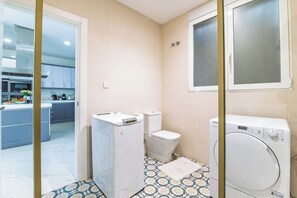 Shower, hair dryer, bidet, towels