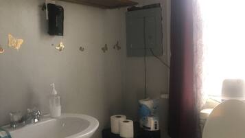 Hair dryer, towels, soap, toilet paper