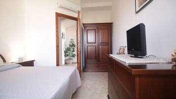 Habitación de hotel con cama, escritorio con televisor, armario y planta en maceta.