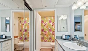 Hair dryer, towels, soap, toilet paper