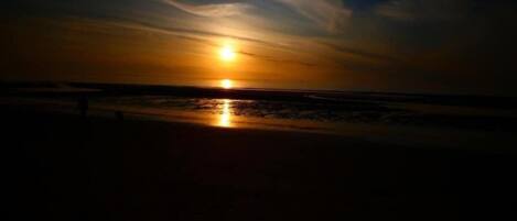 Un coucher de soleil sur une plage, avec une mer calme et un ciel dégagé.