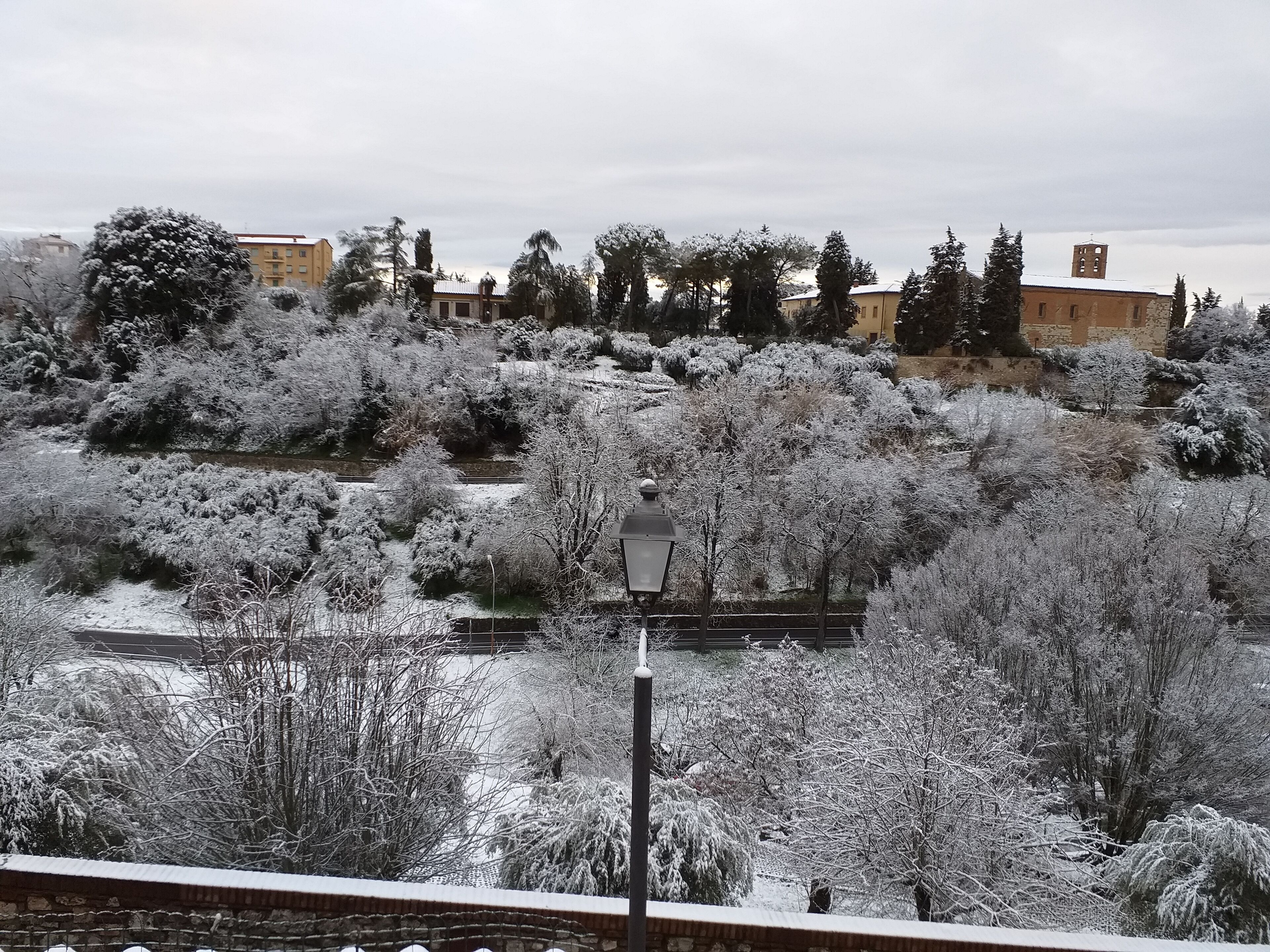 A snow-covered landscape with a street lamp, trees, and buildings in the background.