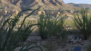 A desert landscape with mountains in the background, two Adirondack chairs, and a fire pit.