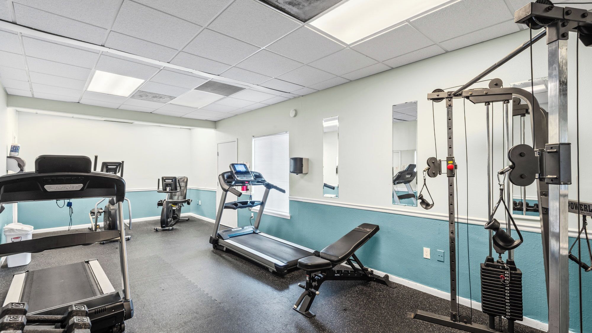 A gym with treadmills, weight machines, and a bench.