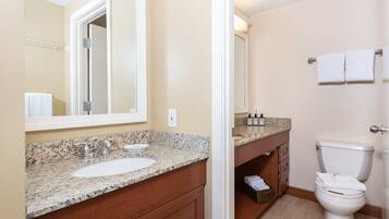 Hair dryer, towels, soap, shampoo