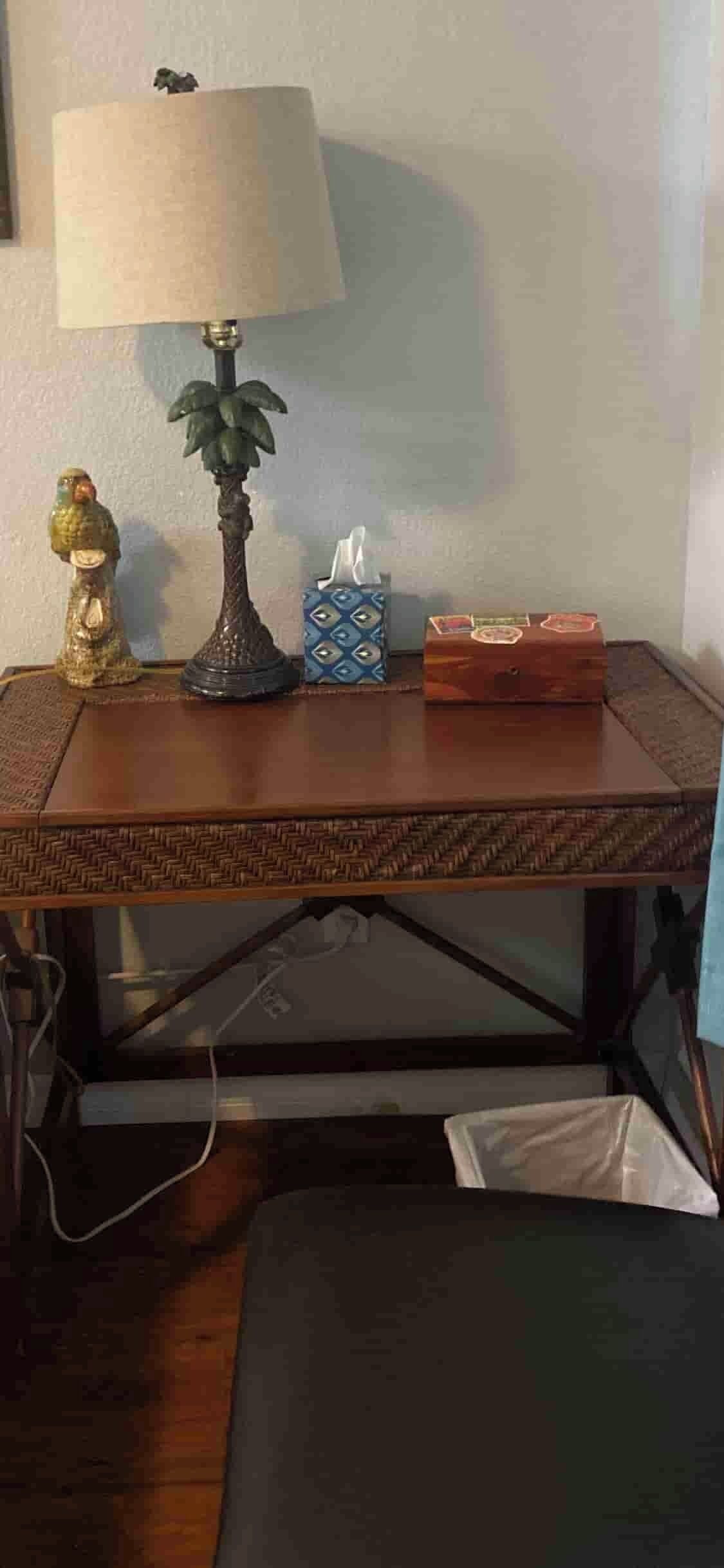 Une petite table en bois, sur laquelle se trouvent une lampe, une boîte de mouchoirs et un objet décoratif.