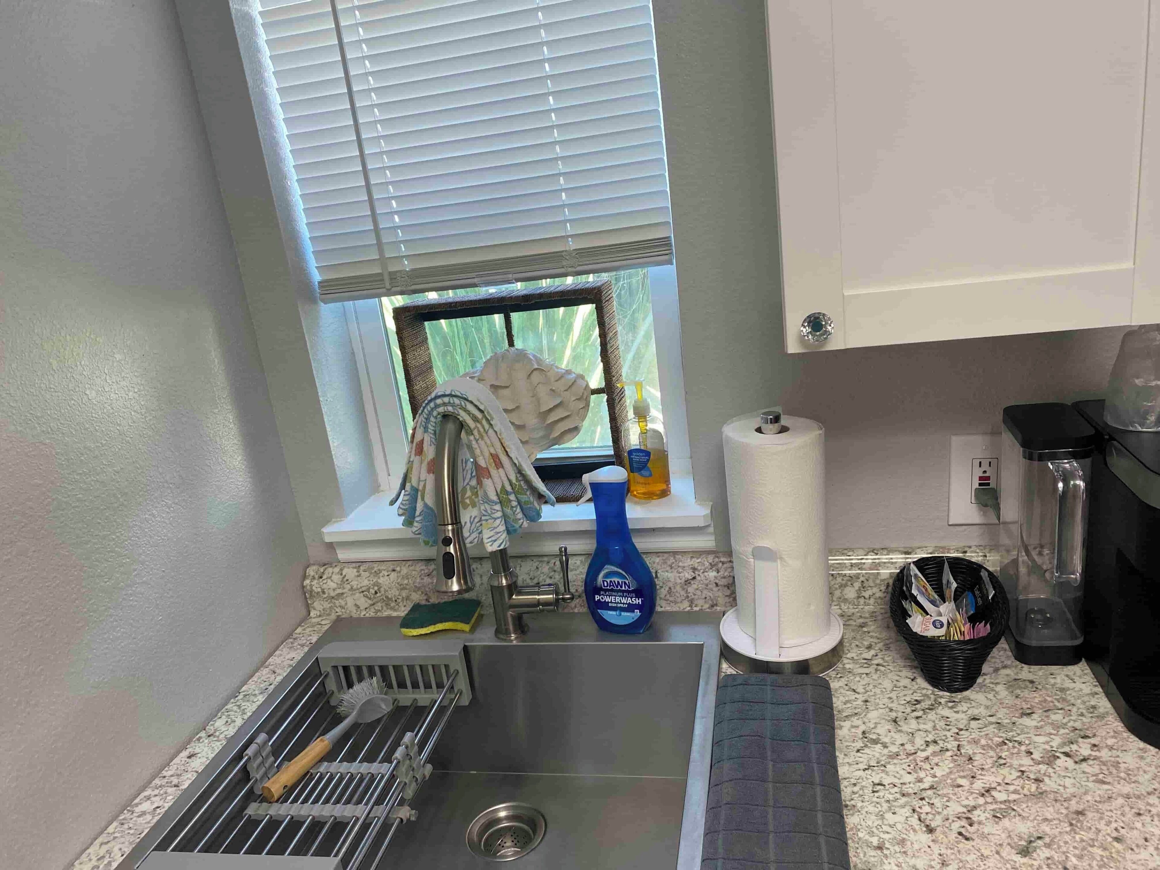 Uma cozinha com pia de aço inoxidável, janela com vista, escorredor de louça, uma garrafa de Dawn Powerwash, rolo de papel toalha e lixeira.