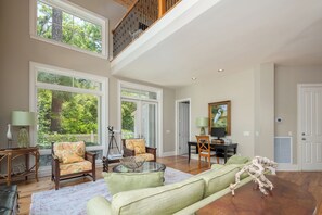 Smart TV, fireplace, books