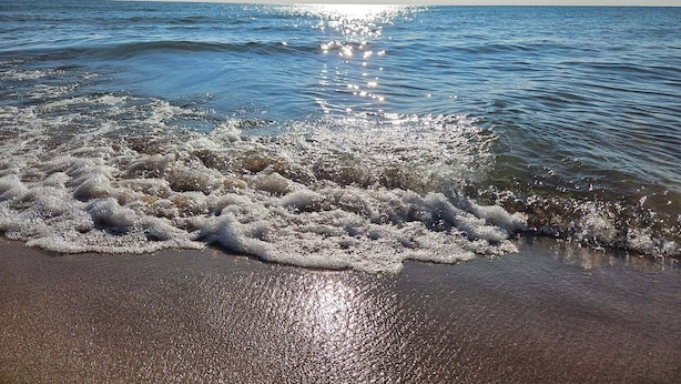 A beach with waves gently lapping onto the shore. - Cozy Beachcomber Cottage on Great Lake Huron (Ausable Township)