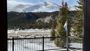 Une terrasse en bois avec une rambarde en métal, donnant sur un paysage enneigé où flotte un drapeau.