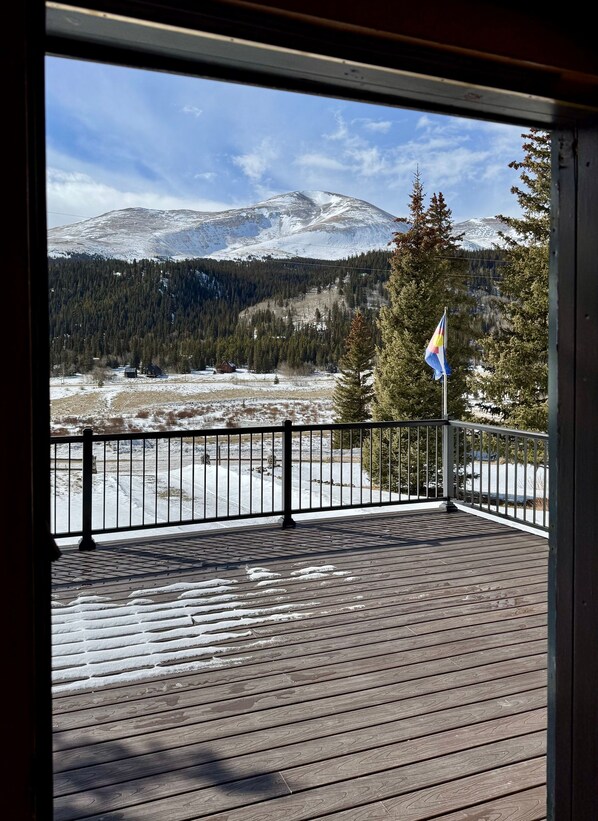 A wooden deck with a metal railing overlooking a snowy landscape with a flag.