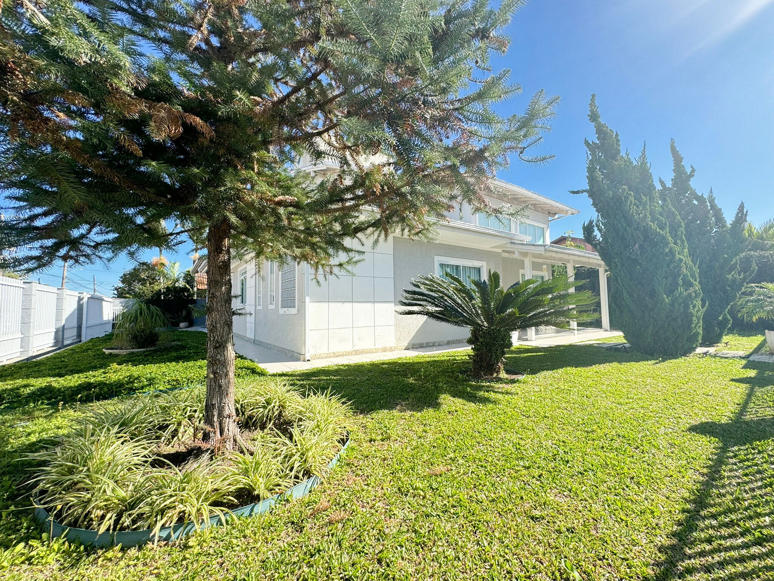 A modern two-story house with a well-maintained lawn and a variety of trees, including a large conifer.